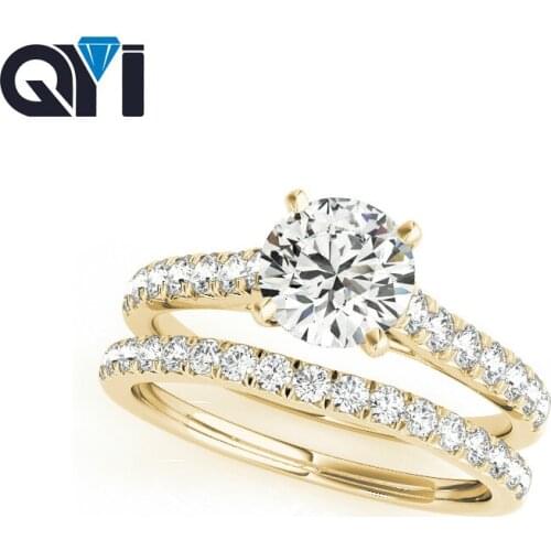 QYI Solid 14K Yellow Gold Solitaire Engagement Ring Sets 1ct Round Cut Simulated Diamond Wedding Rings For Womens Jewelry