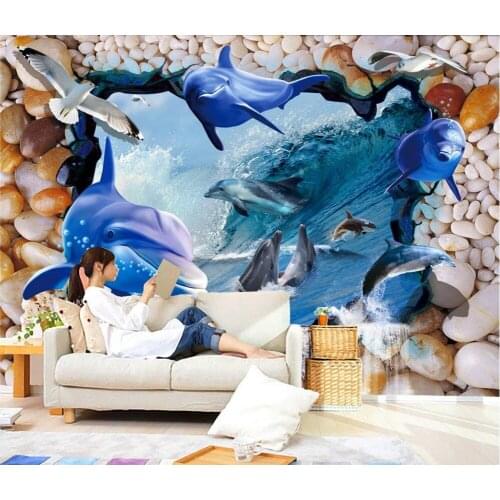 3d murals wallpaper for living room Underwater World Dolphin pebbles sea wallpaper window mural wallpaper