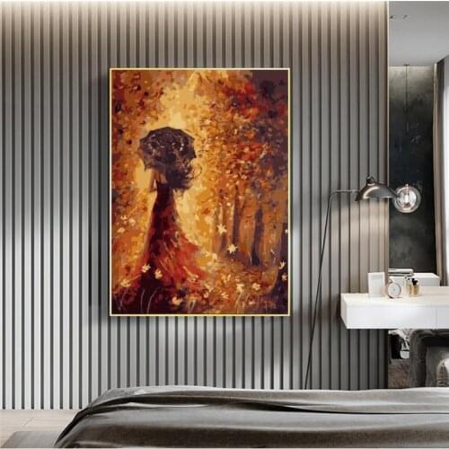 Abstract Maple Leaf Girl Oil Painting on Canvas Art Posters and Prints Wall Picture for Living Room Cuadros Decor
