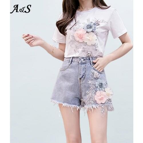 Anbenser Summer Women 2 Piece Sets Embroidery 3D Flower T-shirt + Jeans Shorts Sets Short Sleeve Vintage Beading Shorts Sets