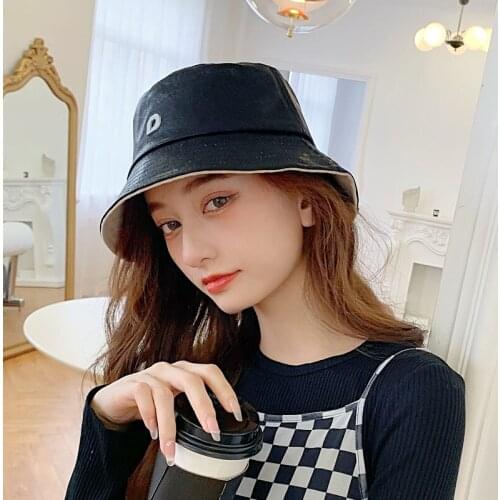 D-shaped PU Leather Fisherman Hat Female Double-sided Four Seasons Can Wear ins Net Red Casual Basin Hat Male Tide