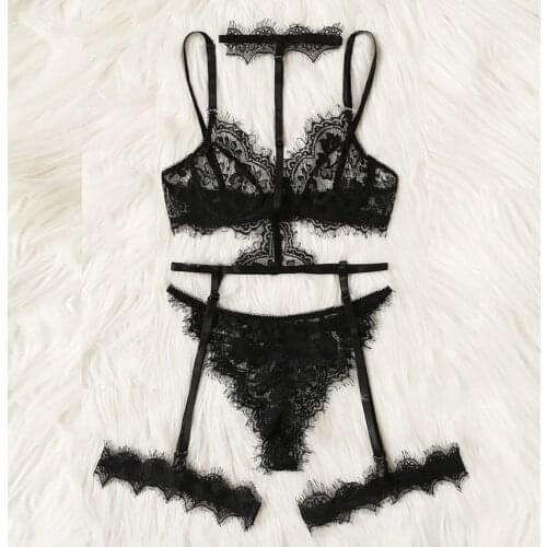 Women Intimates 2020 See Through Sexy Bra And Panties Sheer Underwear Set Lace Eyelash Underwire Lingerie Set With Choker- Black