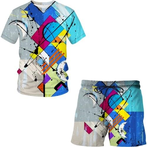 2021 New Geometry Summer 3D Printed Mens T-shirt Shorts Set Mens Sportswear Tracksuit O Neck Short Sleeve Mens Clothing Suit