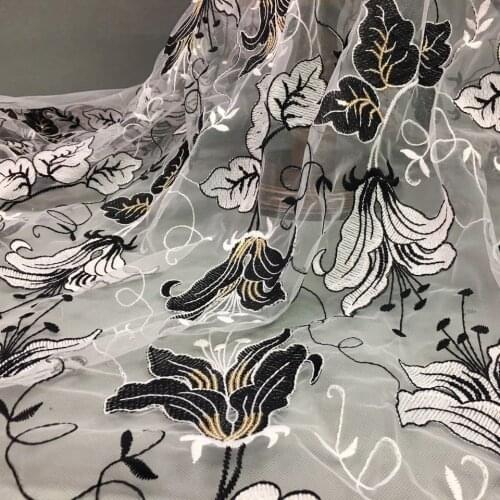 Latest 2017 High Quality French Net African Lace Fabric Black Gold Bead Sequins Embroidery Lace Cloth For Nigerian Wedding Dress