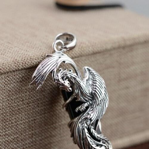 BOCAI 2020 NEW real S925 silver womens pendant with black agate retro style phoenix style Thai silver woman pendant