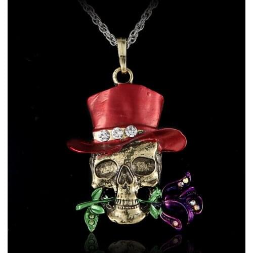 Retro Skull Head Rose Flower Pendant Necklace Halloween Gothic Prank Rhinestone Necklaces Party Festival Character Jewelry Gifts