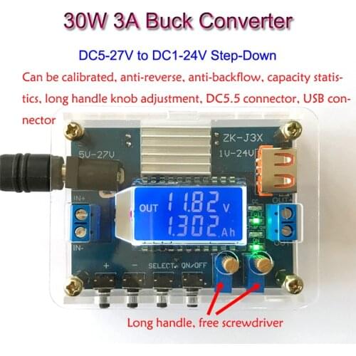 30W 3A DC DC Buck Converter CC CV Variable DC Power Supply Module USB Adjustable Voltage Regulator Voltmeter Step-Down 5-27V