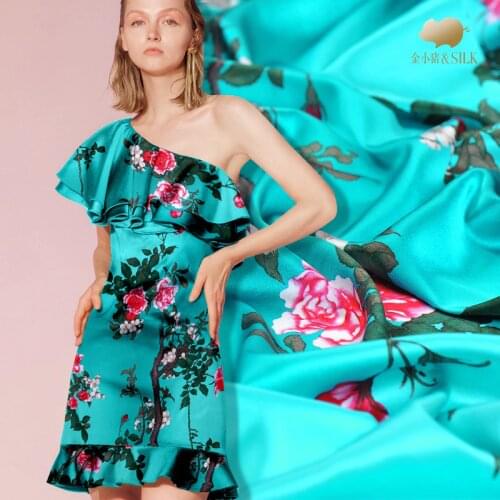 1.08 Meter X 1 Meter Peacock Blue Flower Print Floral Fabric Silk Clothes For Making Diy Stretch Satin