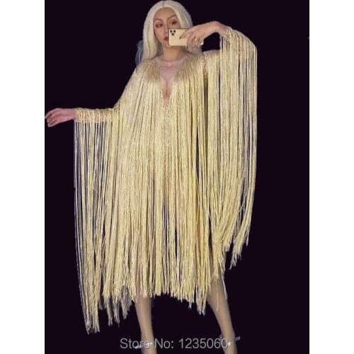 Sexy Gold Long Fringes Bodysuit Costume Evening Party Long Sleeve Tassels Leotard Birthday Celebrate Stretch Dance Dress YOUDU