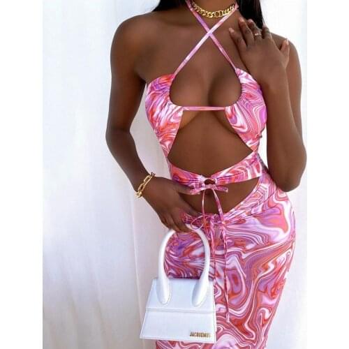 Townlike Paisley Print Midi Summer Dress Women How Out Backless Party Sexy Dress Halter Shirring Bodycon Bandage Dresses 2021