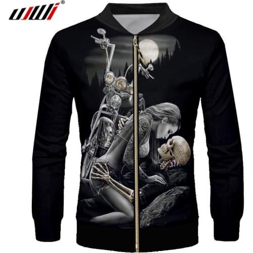 UJWI Mens Casual Jacket Print Corpse Bride Motorcycle Skull 3d Zipper Coats Man Long Sleeve Outwears Stand Collar Overcoats 6XL