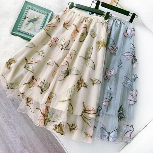 2021 Summer New Ladies Temperament Gauze Skirt Long Skirt Dragonfly Embroidery Sweet Foreign Skirt Women Tide Free Shipping