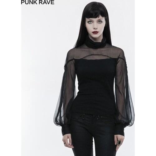 PUNK RAVE Gothic Imitation Silk Crepe Ribbon Dressing Perspective Lantern Sleeve T-shirt Fashion Black Women Tees Tops