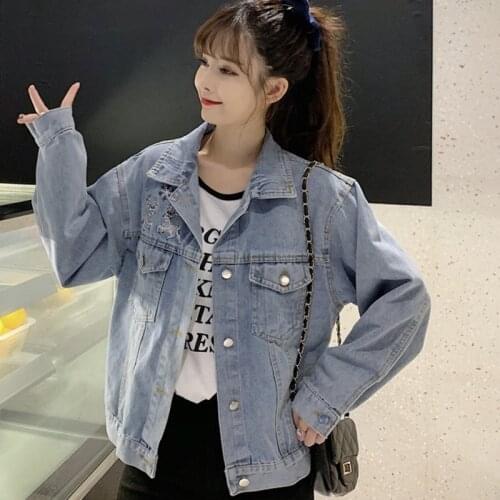 2021 Spring Autumn Short Embroidered Fawn Denim Jacket Womens Loose Casual Jacket Female Tops Long Sleeve Denim Jacket Women