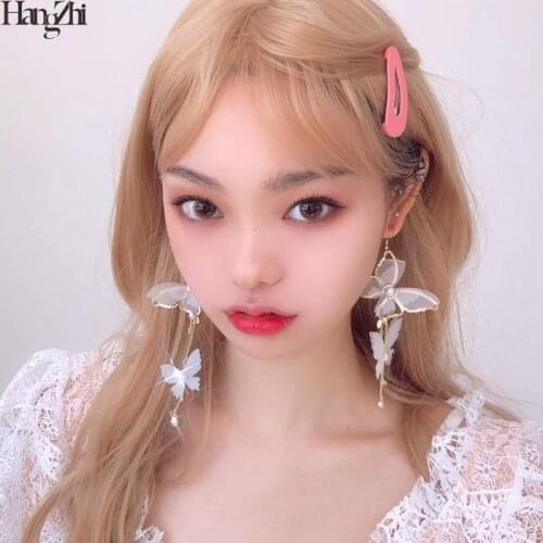 HangZhi 2020 New Design White Chiffon Solid Butterfly Fairy Lace Tassel Long Drop Earrings for Women Holiday Party Jewelry