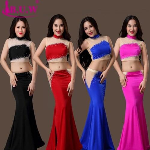 BUW Girls belly dance stage clothes set Women belly dancing clothes short sleeves top+long skirt 2pcs belly dance suits BY022