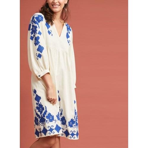 TEELYNN Casual Loose A-line Short Dresses Women White Cotton Floral Embroidery 2021 Vintage V Neck Tunic Robe Boho Ethnic Dress