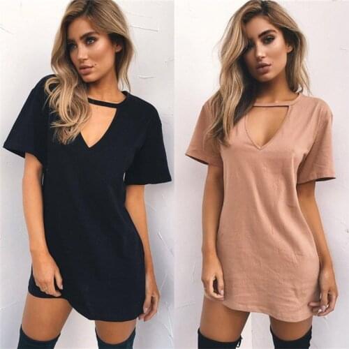 Women Tshirt Dress 2021 Choker V-neck Summer Dresses Short Sleeve Casual Sexy Halter Loose Boho Beach Dress Vestidos Plus Size