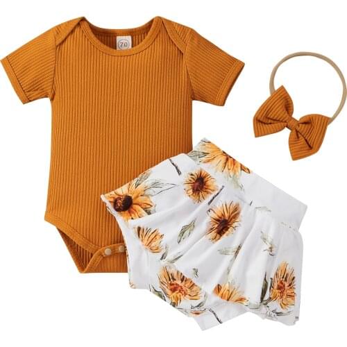 3Pcs Baby Summer Outfits Solid Color Short Sleeves Romper + Sunflower Shorts + Hairband for Toddler Girls 0-24 Months
