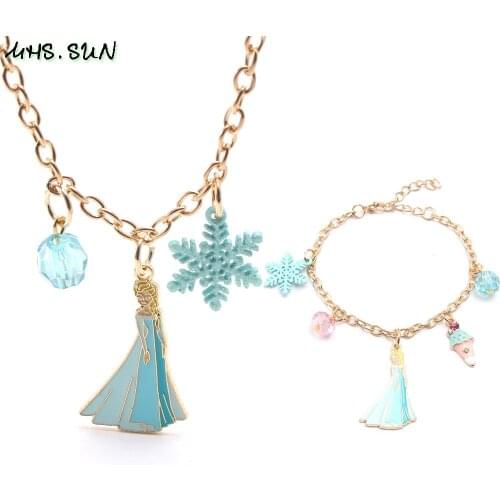 Aisha Snow Princess Childrens Necklace Alloy Pendant Chain Childrens Necklace Bracelet set Christmas Gift Drop shipping