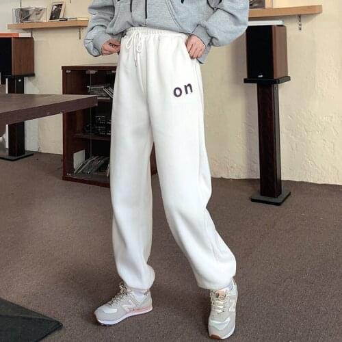 Sweatpants Women White Loose Harem Pants ON Decorate Drawstring Waist Black Sport Trousers Female Casual Wear P9645