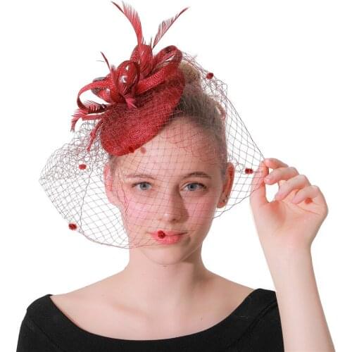 Elegant Women Veil Hat Wine Fascinator Sinamay Fedoras Gorgeous Ladies Mesh Loops Pillbox Cap Wedding Headpieces Headbands