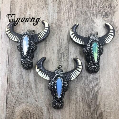 Tribal Buffalo Bull Skull Pendant with Opal and Gunblack Toned Rhinestone Paved MY1897
