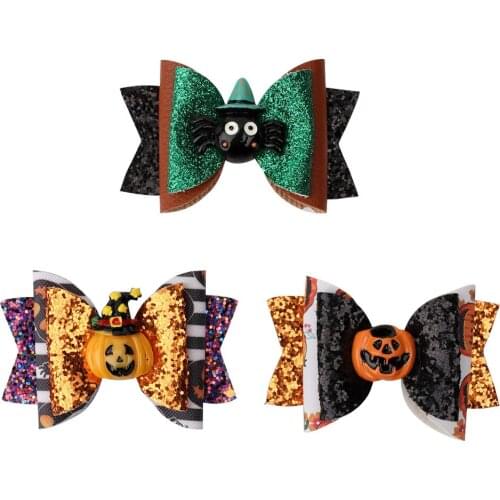 Hot Sale Sequins Grosgrain Hair Bows For Baby Girls Pumpkin Pinwheel Hair Clips Hair Accessories Halloween Party Decoration
