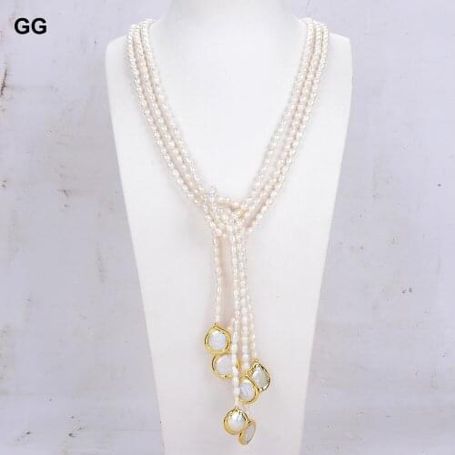 GuaiGuai Jewelry 3 Rows Cultured White Rice Pearl Teardrop Pearl Lariat Long sweater chain Necklace 50