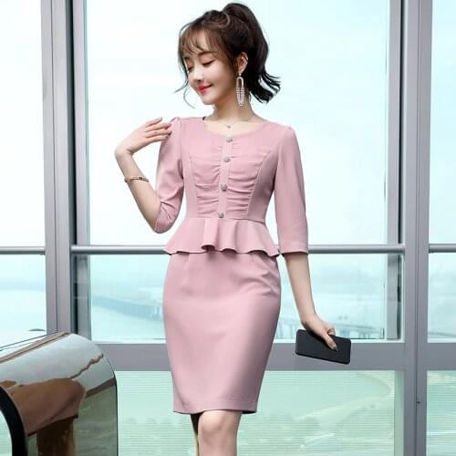 IZICFLY New Style Folds Ruffles Career Pink Summer Korean Dress For Women Office Slim Business Ladies Work Wear