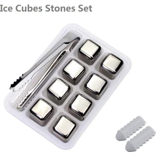 4/6/8 pcs Stainless Steel Chilling Stones Reusable Ice Cube Wine Colder Stone for Drinks with Ice Tongs Freezer Storage Tray