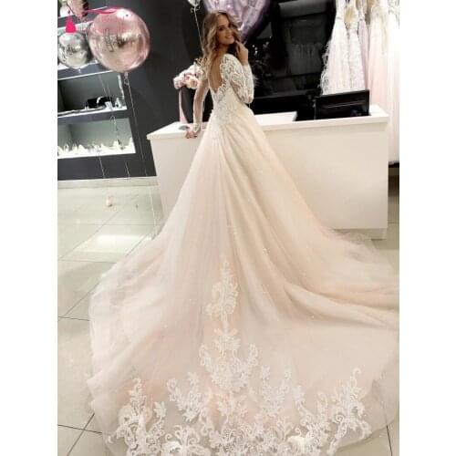 A Line Long Sleeves Lace Wedding Dresses Long Chapel Train Illusion Neck V Backless Elegant Luxury Bridal Dress MBP21