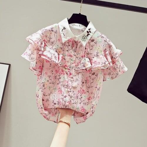 Summer 2020 new chiffon shirt short-sleeved womens floral cover belly design niche lotus leaf top