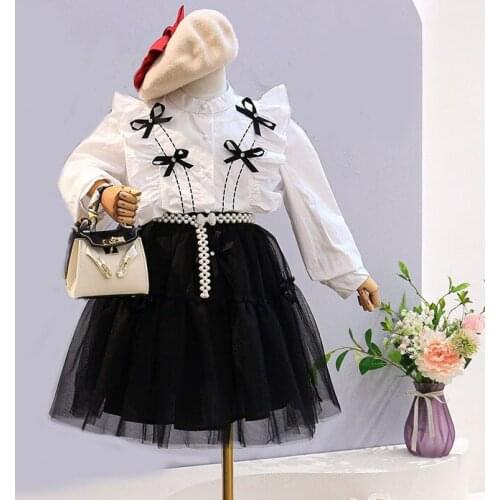 2021 Autumn New Casual Girl Suit French Style Lace Bow Knot White Shirt + Mesh Black Skirt Two-Piece Clothes Baby Kids Outfit