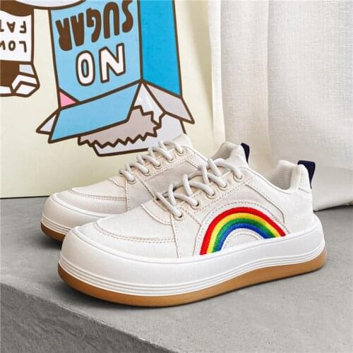 New Arrival 2021 Men Shoes White Japanese Couple Rainbow Sneakers Thick-sole Shoes Hong Kong Style Young Mens Board Shoes
