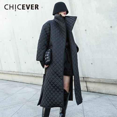 CHICEVER Black Cotton Coat For Women Lapel Long Sleeve Argyle Side Split Loose Pockets Thick Coats Female 2020 Fashion Clothing