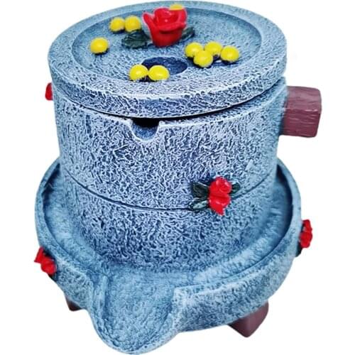 Stone Mill Shaped Ashtray with Lid Resin Ashtray with Rest Slot Creative Home Decor Small Item Holder for Office Bar C1
