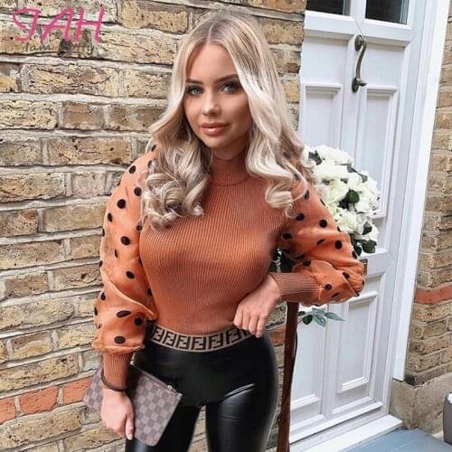 IAMHOTTY Polka Dot Patchwork Transparent Mesh Shirt Turtleneck Puff Sleeve Perspective Fishnet Top Fashion Elegant T Shirt Women