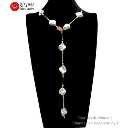 Qingmos Fashion Sea Shell Pearl Long Necklace for Women with 15*20mm Baroque White Sea Shell Pearl Necklace Fine Jewelry 28