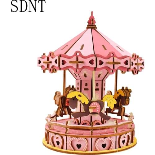 Happiness Merry-go-round 3D Wood Toys Puzzles for Kids DIY Pink Rotatable Model Kit Beautiful Jigsaw Puzzle kid Toy iq Game Gift