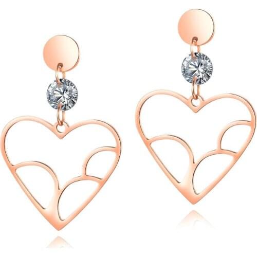 Stud Earrings Simple titanium steel jewelry ladies rose gold plated heartshaped zircon stainless steel earrings