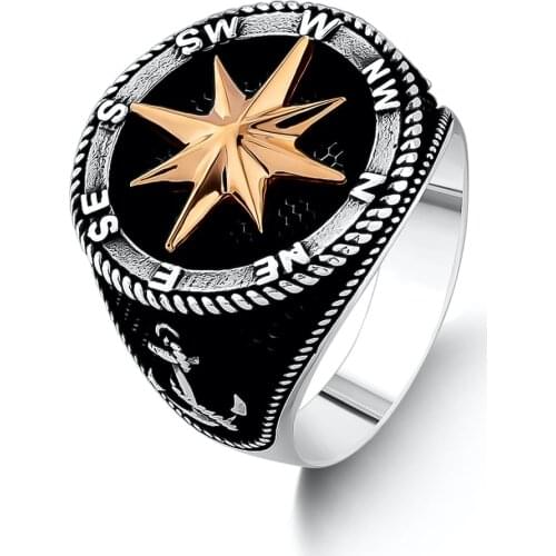 North Star Motif with Compass Model Ring Anchor Silver Ring Sailor Men Jewelry Solid 925 Sterling Silver