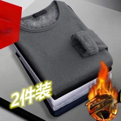 2pcs Mens Long-sleeved Thermal Underwear Plus Velvet Padded T-shirt Round V-neck Slim Bottoming Shirt Mens Lined Clothes