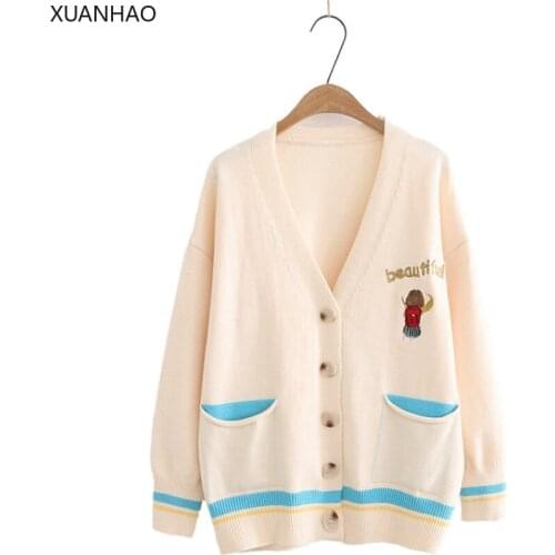 XUANHAO Women Knitted Cardigans Cartoon Embroidery Pocket Sweaters V Neck Button Front Casual Autumn Winter Korean Sweater