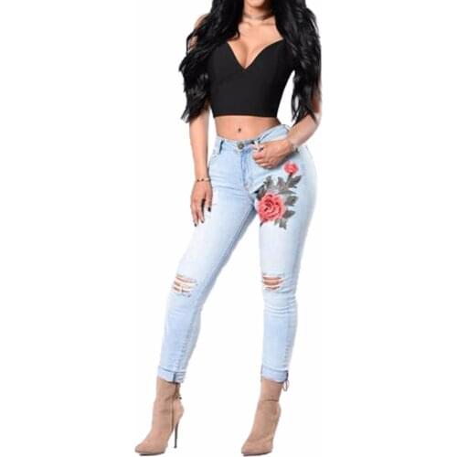 Women Rose Embroidered Distressed Wash Stretchy Skinny Red Blue Denim Brand Jeans