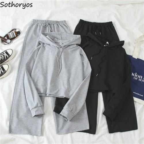 Women Sets Solid Leisure Loose Hooded Students Simple All-match Two Piece Set Womens Soft High Quality Trousers Tops Chic Lovely