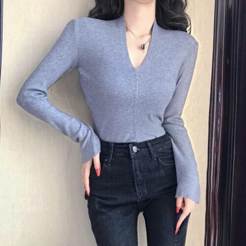 Sweater Female Soft Korean Style Skinny Winter Sexy V-Neck Women Basic Elasticity Pullovers Long Sleeve Pull Femme Female Top