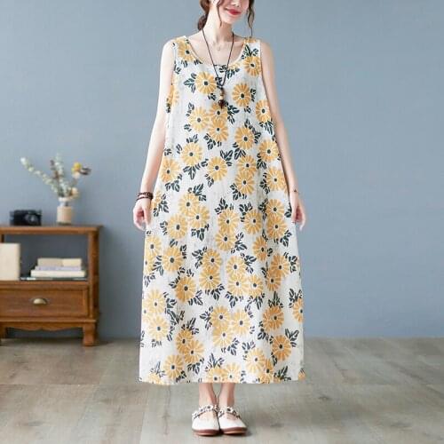 Sleeveless Tank Dress 2021 New Arrival Cotton Linen Print Floral Vintage Women Summer Dress Travel Casual Beach Style Long Dress