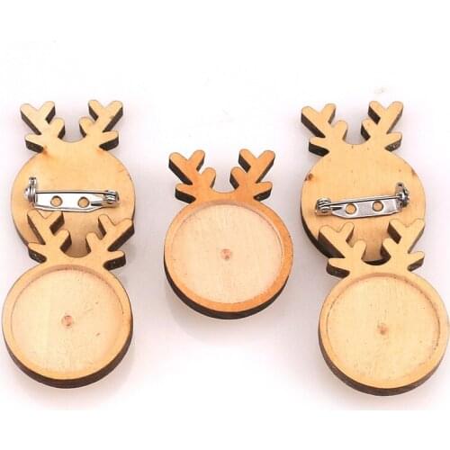 1/5pcs/lot Christmas Wooden Deer 25mm Round Brooch Base Cabochon Blanks Trays with Brooch Pins Cameo Cabochon Base Setting HOT