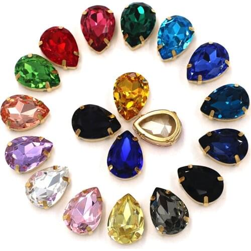 High quality K9 glass crystal drop shape sew on claw rhinestones with gold frame for crafts/bag/clothing/dress